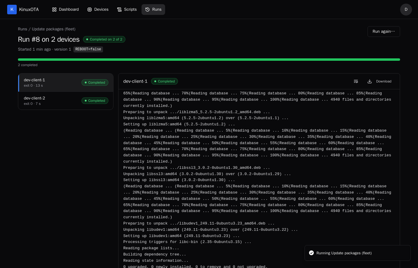 A KinuxOTA run page: the device list with each status, and the live output of one device
